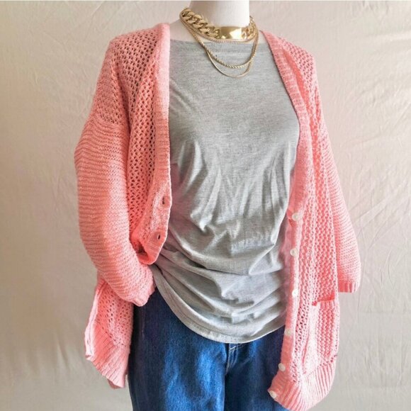 Gilly Hicks Peach Crochet Knit Cardigan Sweater Long Length Size L - Picture 1 of 13